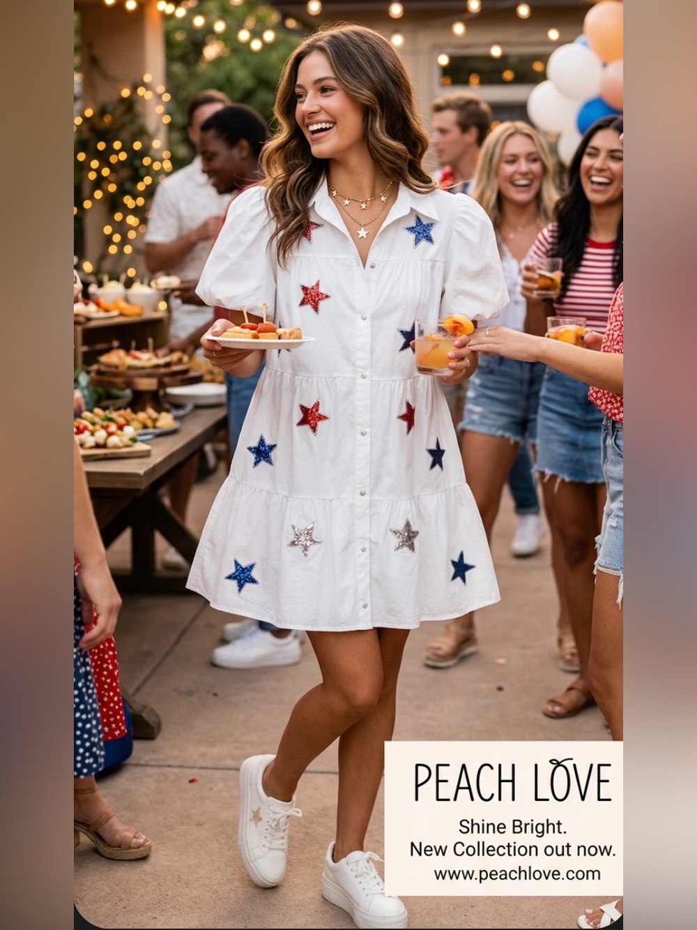 NWT ~ Peach Love California White Star Embroidered Button Dress ~ Size Large